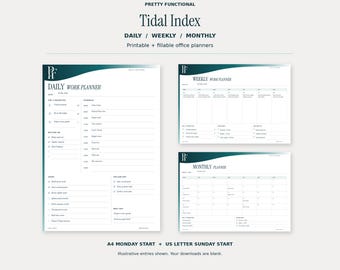May include: A set of printable and fillable office planners titled Tidal Index by Pretty Functional. The collection includes a daily work planner, a weekly work planner, and a monthly planner, all featuring a dark teal header design.