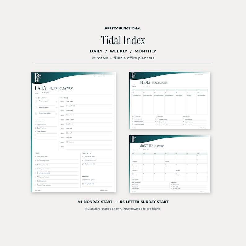 Tidal Index office planner collection showing filled daily, weekly and monthly pages. The printable and fillable PDFs include A4 and US Letter sizes. Sample entries are illustrative. Design uses teal and petrol gradients and the PF monogram.