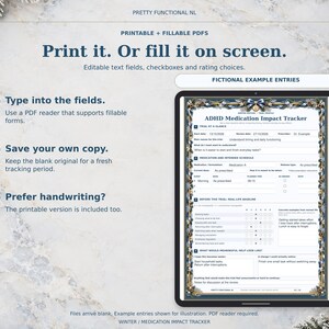 Winter fillable medication tracker shown on a tablet mockup with clearly labelled fictional example entries. The downloaded PDFs are blank and require a compatible PDF reader.