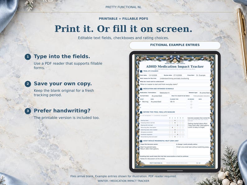 Winter fillable medication tracker shown on a tablet mockup with clearly labelled fictional example entries. The downloaded PDFs are blank and require a compatible PDF reader.