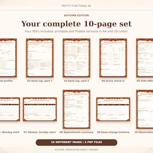 All 10 pages of the Autumn medication tracker: trial profile, two daily logs, quick check-in, side effect detail, two weekly starts, appointment summary, timeline and notes.