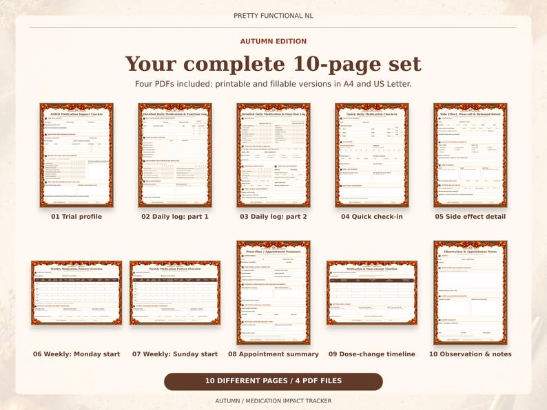 All 10 pages of the Autumn medication tracker: trial profile, two daily logs, quick check-in, side effect detail, two weekly starts, appointment summary, timeline and notes.