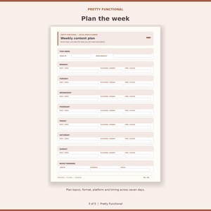 Weekly social media plan with seven daily rows for post, platform, format, time and status.