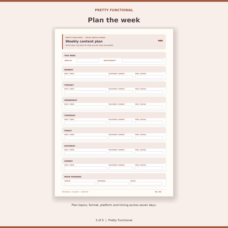 Weekly social media plan with seven daily rows for post, platform, format, time and status.