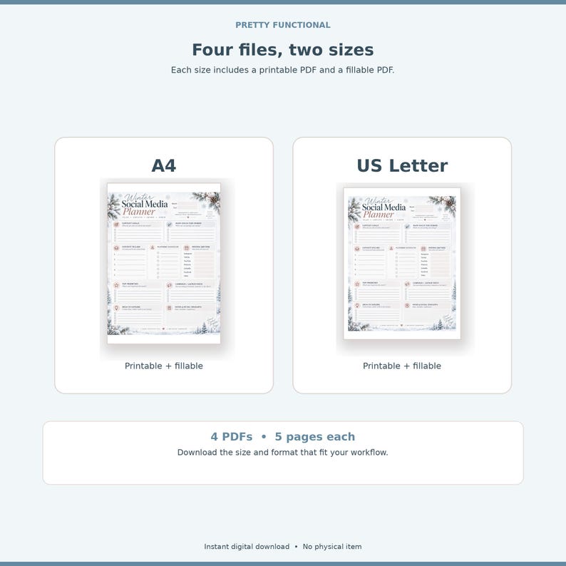 A4 and US Letter previews explaining printable and fillable PDFs for both sizes.