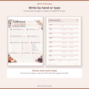 Two planner pages illustrating printable handwriting and fillable PDF options.