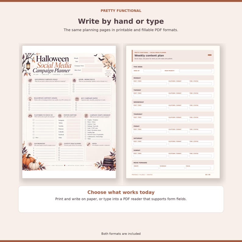 Two planner pages illustrating printable handwriting and fillable PDF options.