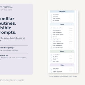 Close-up of Morning, Home, Meals and Night on the actual Minimalist Daily To-Do List, with paper checkboxes and handwritten point spaces.