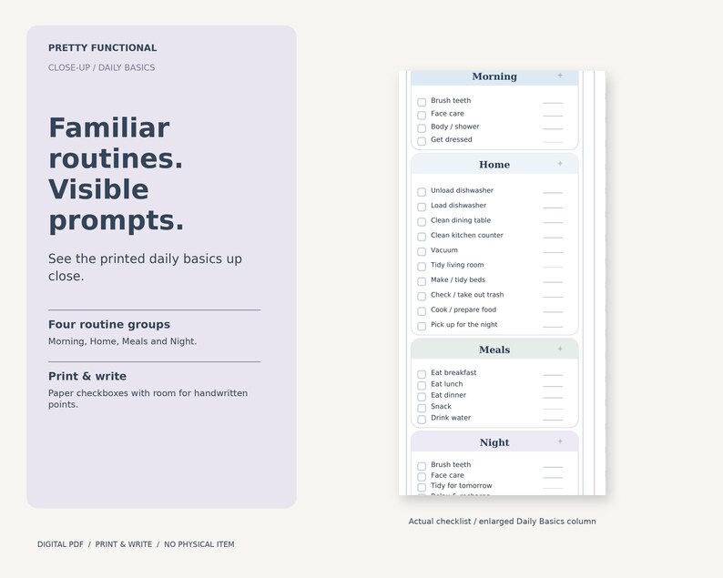Close-up of Morning, Home, Meals and Night on the actual Minimalist Daily To-Do List, with paper checkboxes and handwritten point spaces.