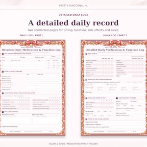 Two complete detailed daily medication log pages in the Blush & Bows design, showing dose timing, functioning ratings, side effects, sleep and real-life examples.