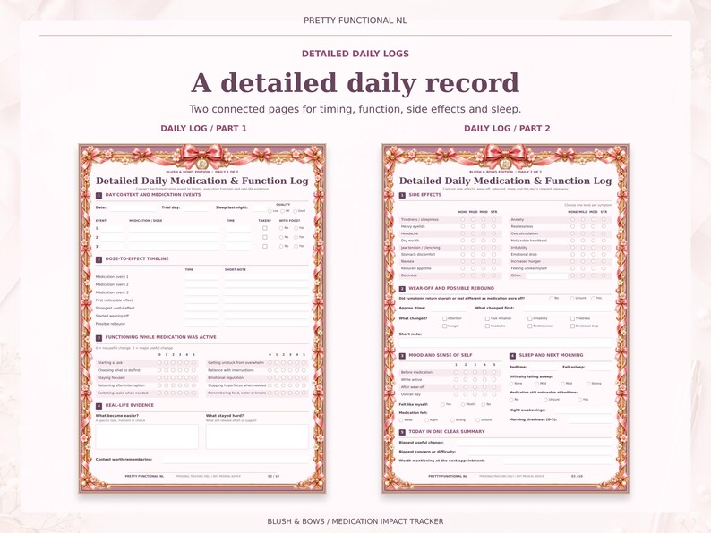 Two complete detailed daily medication log pages in the Blush & Bows design, showing dose timing, functioning ratings, side effects, sleep and real-life examples.