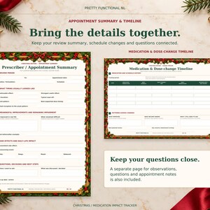 Christmas prescriber appointment summary beside the medication and dose-change timeline. A separate observation and appointment notes page is also included.