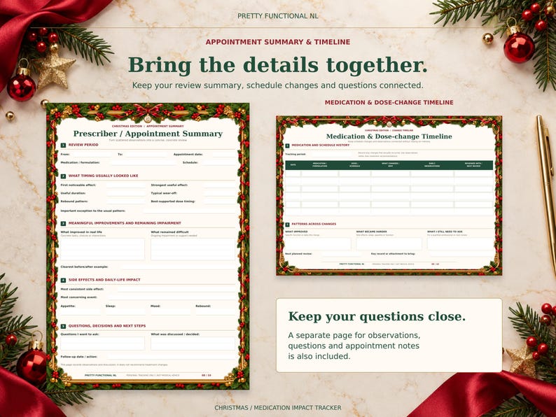 Christmas prescriber appointment summary beside the medication and dose-change timeline. A separate observation and appointment notes page is also included.