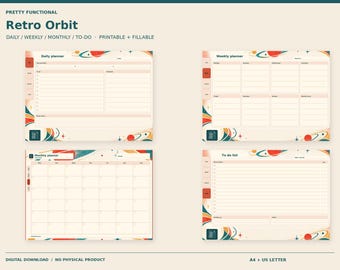 Retro Space Landscape Planner PDF, Daily Weekly Monthly & To Do, Printable and Fillable | Retro Orbit