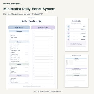 Minimalist Daily Reset System. Exact pages from the buyer PDF, with enlarged readable previews. Digital download by PrettyFunctionalNL.