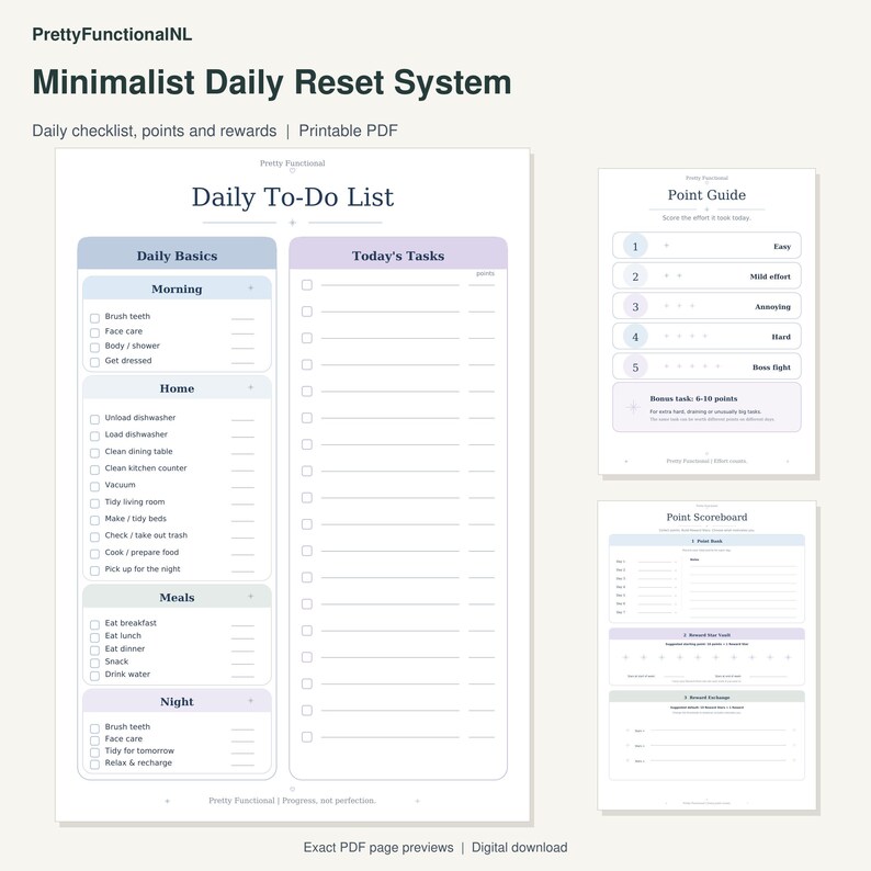 Minimalist Daily Reset System. Exact pages from the buyer PDF, with enlarged readable previews. Digital download by PrettyFunctionalNL.
