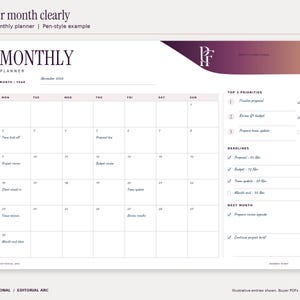 Editorial Arc monthly printable planner filled with an illustrative November 2026 office planning example. The six-row calendar includes real November dates, selected work events, priorities and deadlines. Design uses plum and copper gradients and the PF monogram.