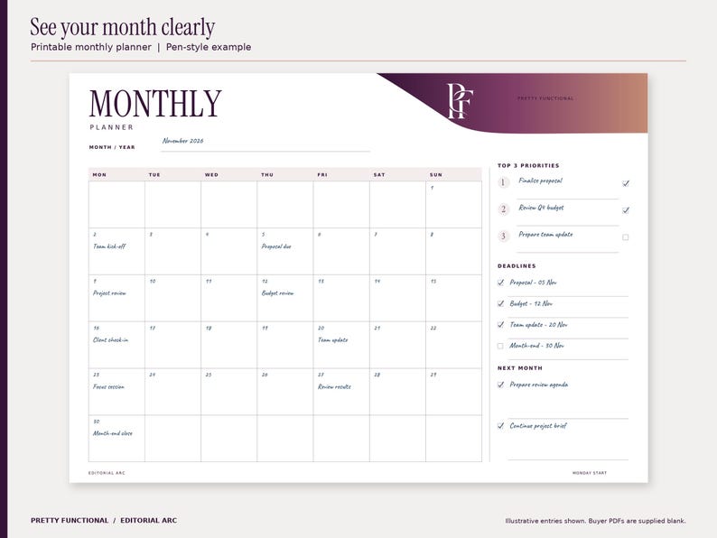 Editorial Arc monthly printable planner filled with an illustrative November 2026 office planning example. The six-row calendar includes real November dates, selected work events, priorities and deadlines. Design uses plum and copper gradients and the PF monogram.