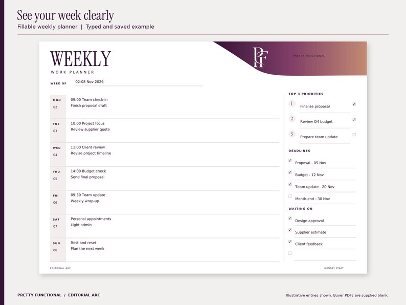 Editorial Arc weekly fillable planner filled with an illustrative November 2026 office planning example. All seven days, priorities, deadlines and waiting-on entries are visible. Design uses plum and copper gradients and the PF monogram.