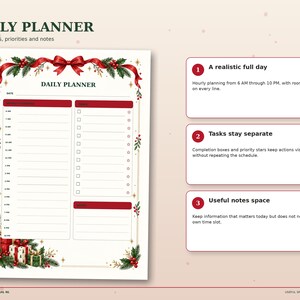 Christmas daily planner with hourly schedule from 6 AM to 10 PM, task checklist with priority stars and lined notes space.