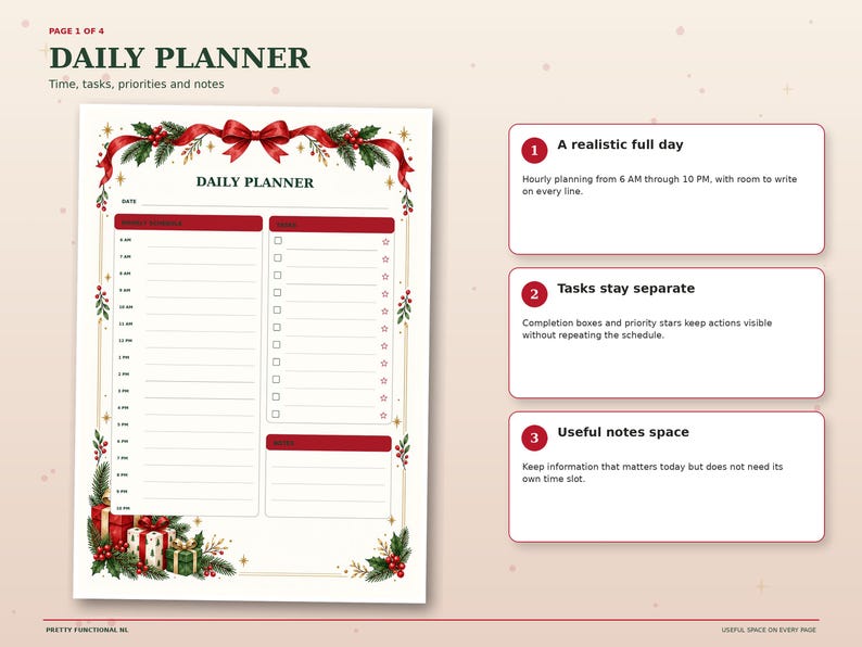 Christmas daily planner with hourly schedule from 6 AM to 10 PM, task checklist with priority stars and lined notes space.