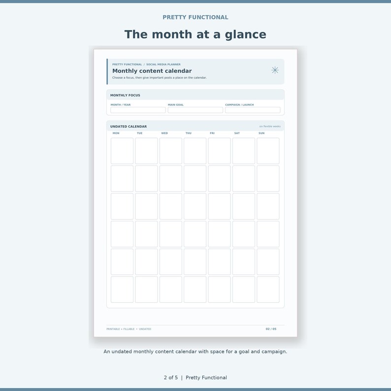 Undated monthly content calendar page with six rows of weeks, main goal and campaign focus.
