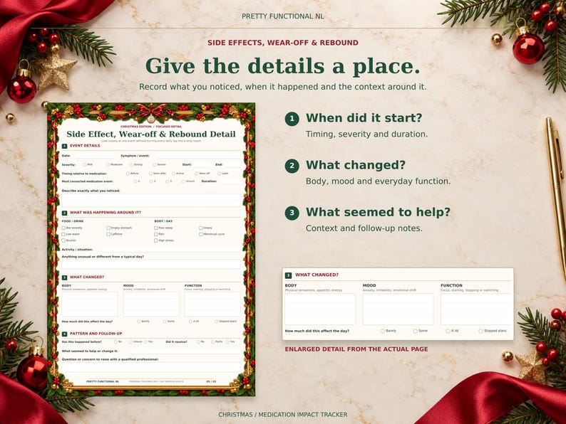 Christmas side effect, wear-off and rebound detail page, showing timing, severity, context, body and mood changes, and follow-up notes.