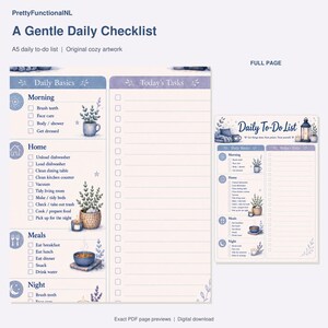 A Gentle Daily Checklist. Exact pages from the buyer PDF, with enlarged readable previews. Digital download by PrettyFunctionalNL.