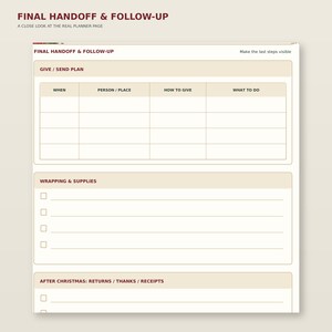 Enlarged detail of Christmas Gift Planner page 4: Final handoff & follow-up; readable original table and writing areas.
