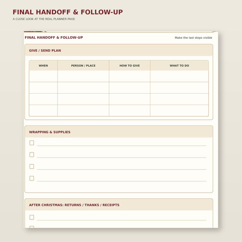 Enlarged detail of Christmas Gift Planner page 4: Final handoff & follow-up; readable original table and writing areas.