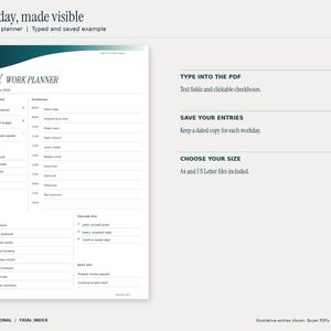 Tidal Index daily fillable planner with a November 2 workday example, top priorities, hourly schedule, tasks and follow-ups. Typed entries and selected checkboxes are rendered from the saved fillable PDF. Design uses teal and petrol gradients and the PF monogram.