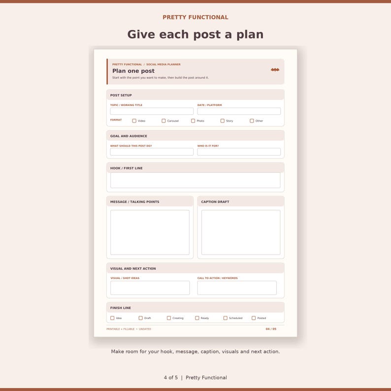 Detailed post planner page with hook, caption, talking points, visuals, keywords and status.