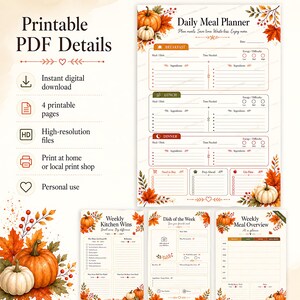 A digital mockup showing printable PDF details on the left and the four fall meal planner templates arranged on the right.