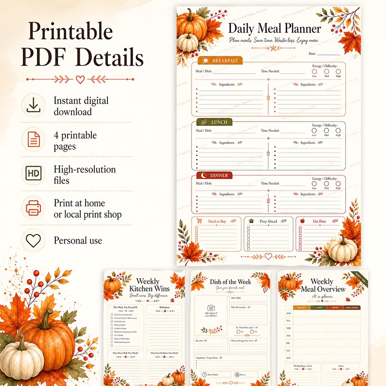 A digital mockup showing printable PDF details on the left and the four fall meal planner templates arranged on the right.