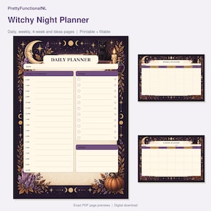 Witchy Night Planner. Exact pages from the buyer PDF, with enlarged readable previews. Digital download by PrettyFunctionalNL.
