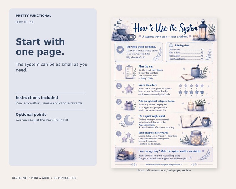 Full actual Cozy Daily Checklist How to Use the System instruction page, including optional points and a smaller routine for low-energy days.