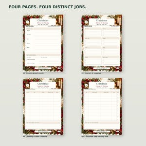 All four real pages of the Christmas Dinner & Hosting Planner: Menu & guest needs, Grocery & supplies, Cooking & oven timeline, Christmas Day hosting flow.