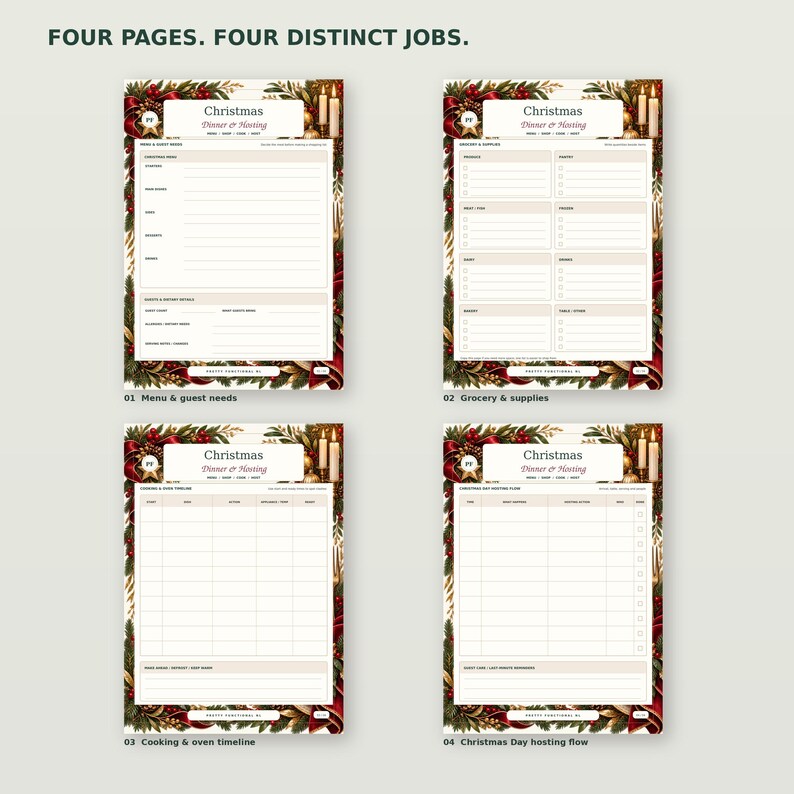 All four real pages of the Christmas Dinner & Hosting Planner: Menu & guest needs, Grocery & supplies, Cooking & oven timeline, Christmas Day hosting flow.