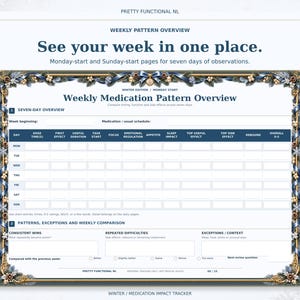 Large landscape weekly medication pattern overview in the Winter design, with seven daily rows and weekly observations. Monday-start and Sunday-start pages are included.
