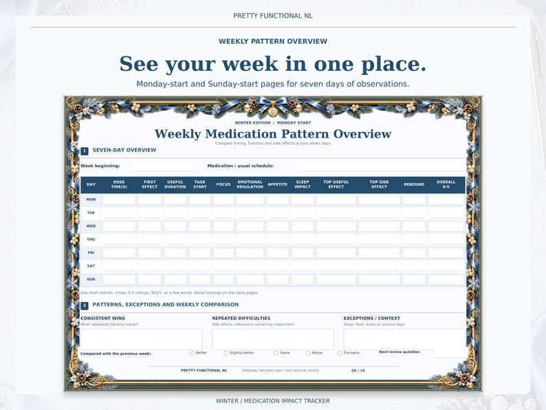 Large landscape weekly medication pattern overview in the Winter design, with seven daily rows and weekly observations. Monday-start and Sunday-start pages are included.