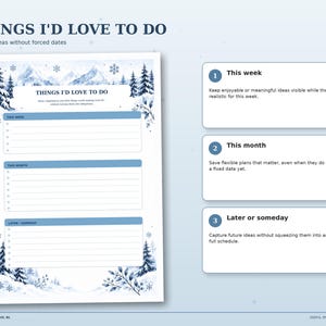 Winter Mountains Things I’d Love to Do page with separate lists for this week, this month and later or someday.
