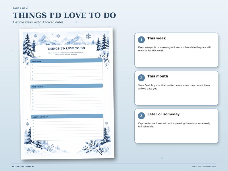 Winter Mountains Things I’d Love to Do page with separate lists for this week, this month and later or someday.