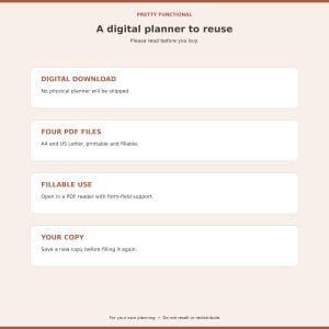 Digital download details explaining four PDFs, reader requirements and no physical shipping.