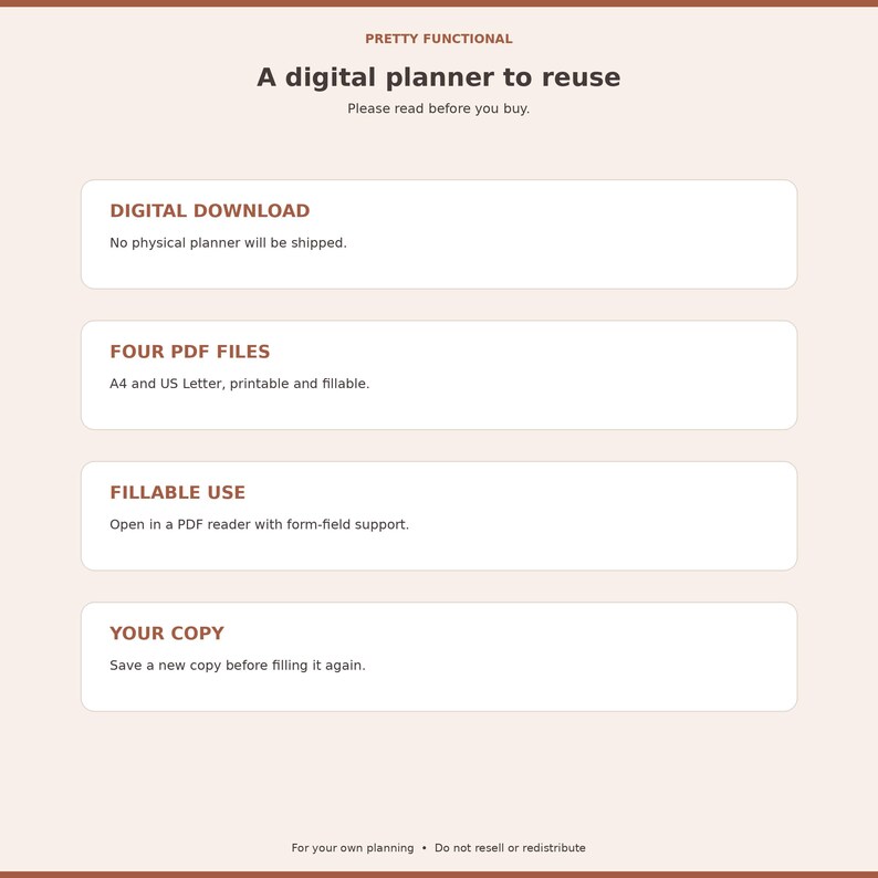 Digital download details explaining four PDFs, reader requirements and no physical shipping.