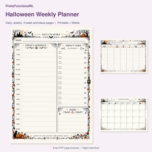 Halloween Weekly Planner. Exact pages from the buyer PDF, with enlarged readable previews. Digital download by PrettyFunctionalNL.