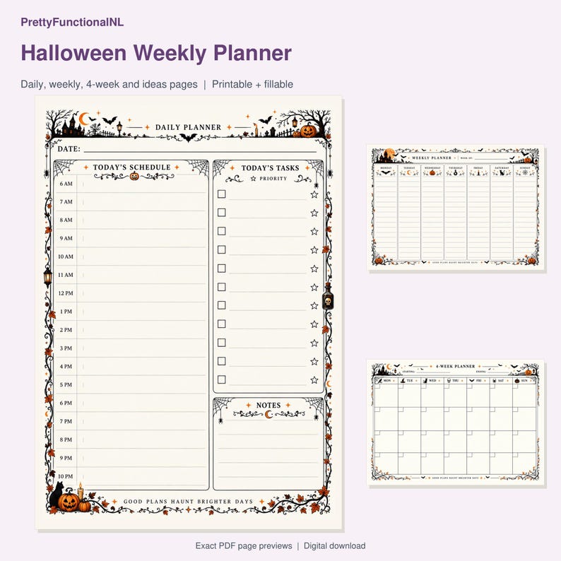 Halloween Weekly Planner. Exact pages from the buyer PDF, with enlarged readable previews. Digital download by PrettyFunctionalNL.
