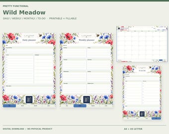 Wildflower Planner PDF, Daily Weekly Monthly & To Do, Printable and Fillable | Wild Meadow