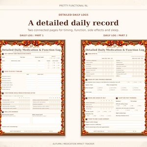 Two complete detailed daily medication log pages in the Autumn design, showing dose timing, functioning ratings, side effects, sleep and real-life examples.