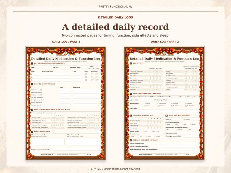 Two complete detailed daily medication log pages in the Autumn design, showing dose timing, functioning ratings, side effects, sleep and real-life examples.