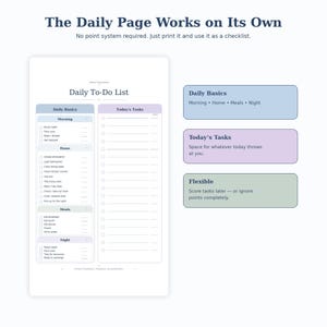 A product detail graphic showing the Daily To-Do List page on the left and three explanatory text boxes on the right.